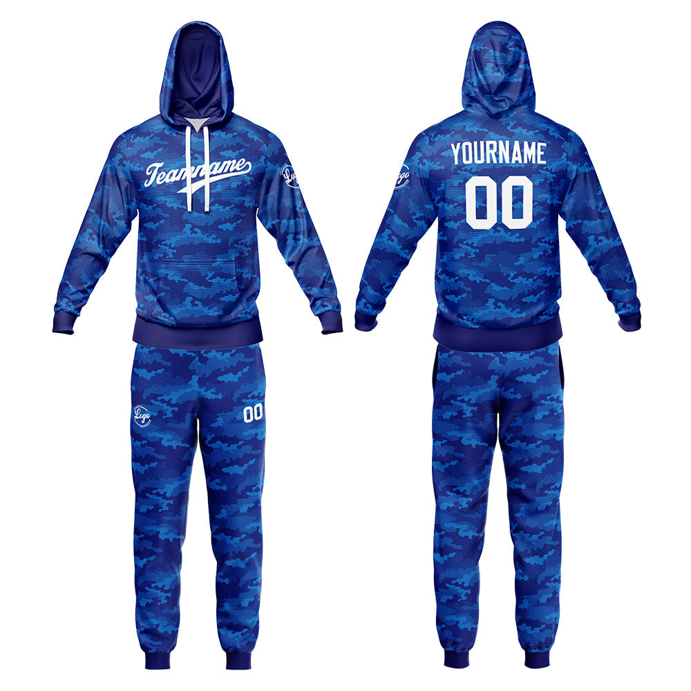 Benutzerdefiniert Tarnung Sport-Hoodie-Oberteil und Hosen-Set Blau