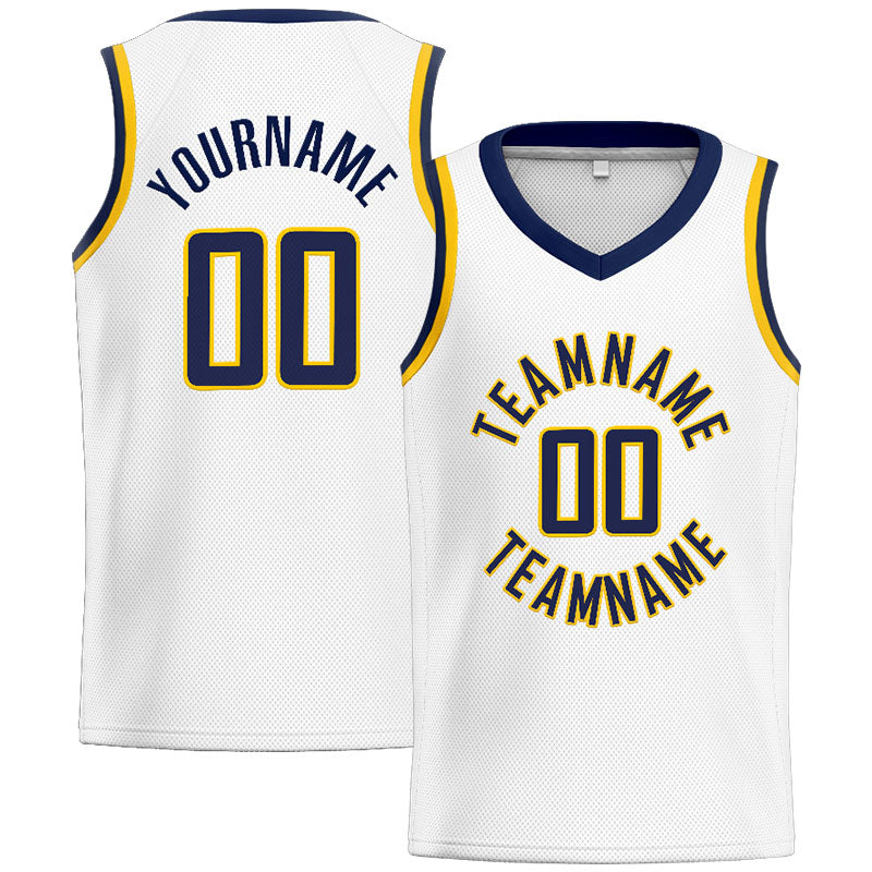 Benutzerdefinierte Authentisch  Basketball Trikot Weiß-Marine-Gelb