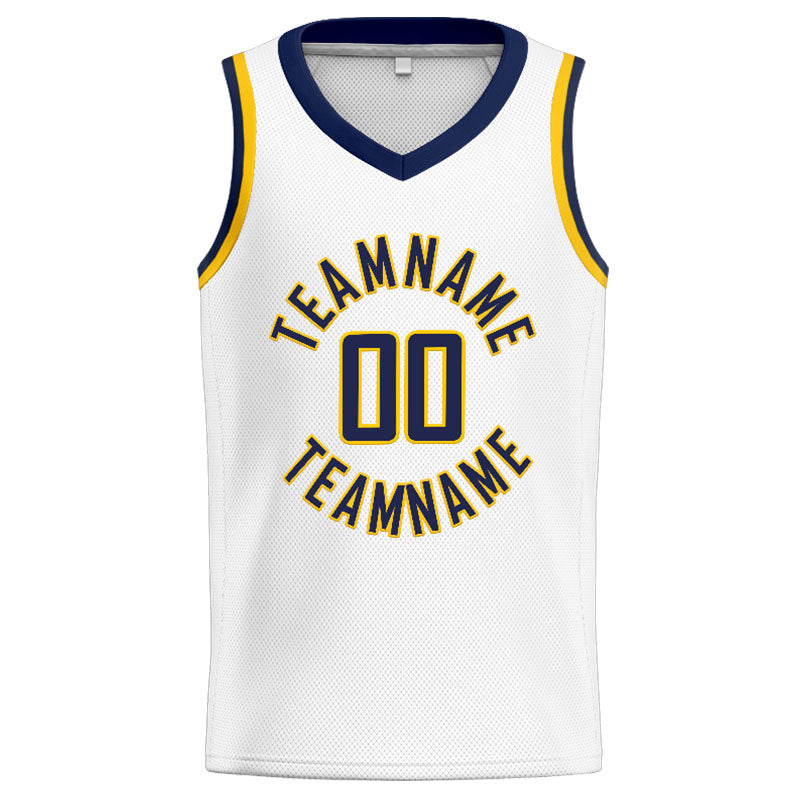 Benutzerdefinierte Authentisch  Basketball Trikot Weiß-Marine-Gelb