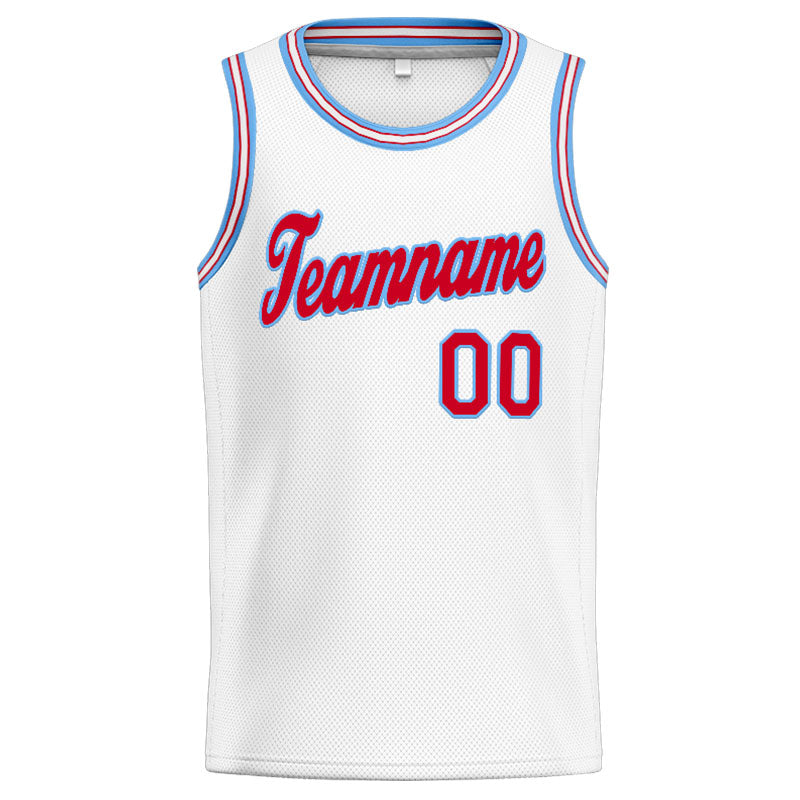 Benutzerdefinierte Authentisch  Basketball Trikot Weiß-Rot-Hellblau