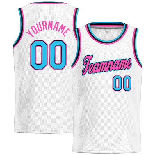 Benutzerdefinierte Authentisch  Basketball Trikot Weiß-Rosa-Hellblau