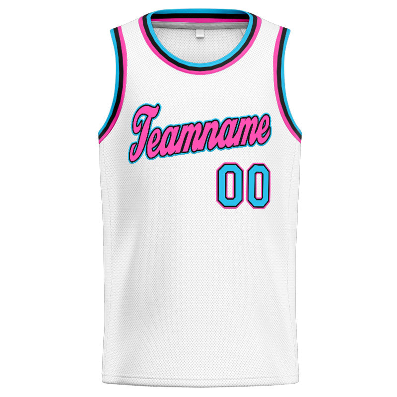 Benutzerdefinierte Authentisch  Basketball Trikot Weiß-Rosa-Hellblau