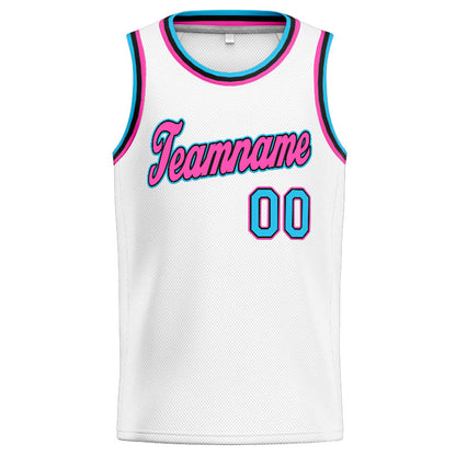 Benutzerdefinierte Authentisch  Basketball Trikot Weiß-Rosa-Hellblau
