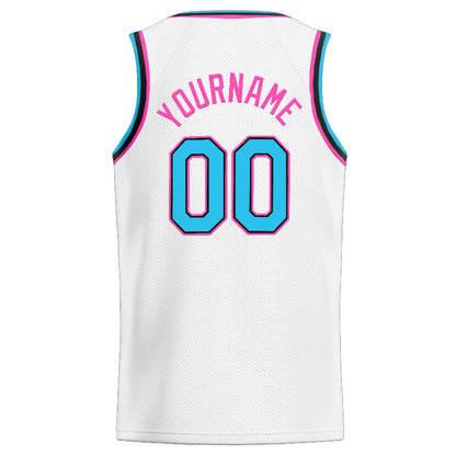 Benutzerdefinierte Authentisch  Basketball Trikot Weiß-Rosa-Hellblau