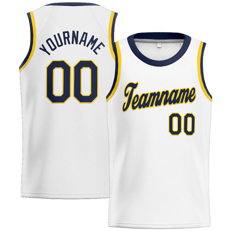 Benutzerdefinierte Authentisch  Basketball Trikot Weiß-Marine-Gelb