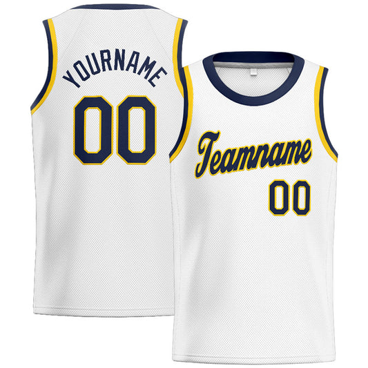 Benutzerdefinierte Authentisch  Basketball Trikot Weiß-Marine-Gelb