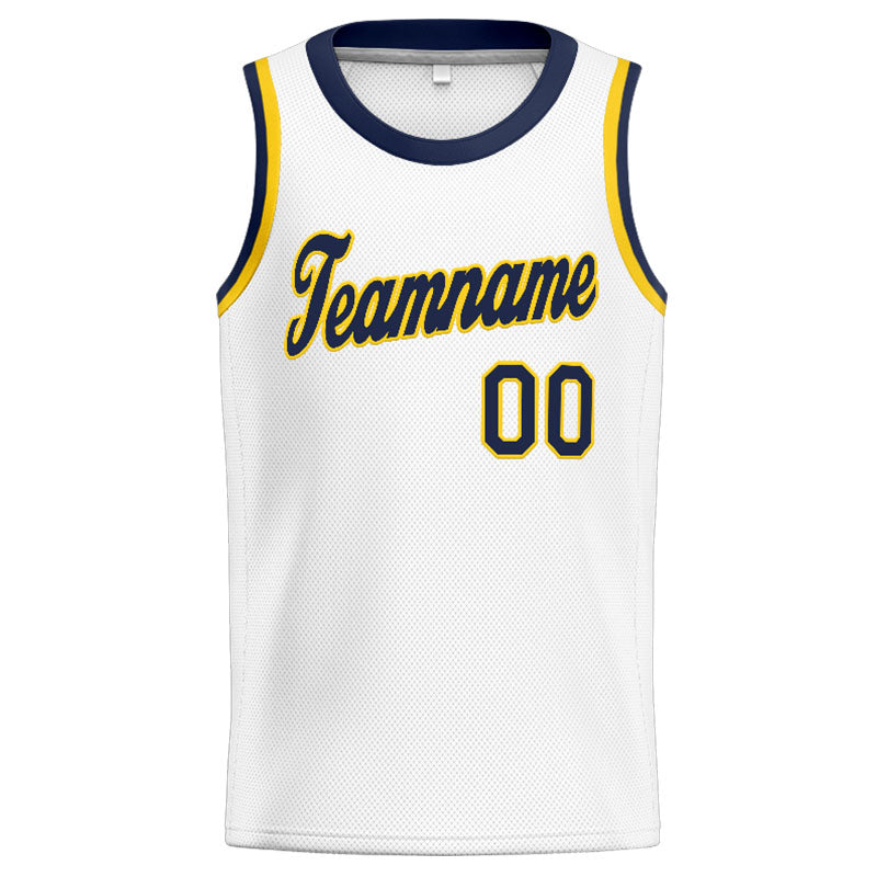 Benutzerdefinierte Authentisch  Basketball Trikot Weiß-Marine-Gelb