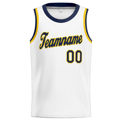 Benutzerdefinierte Authentisch  Basketball Trikot Weiß-Marine-Gelb