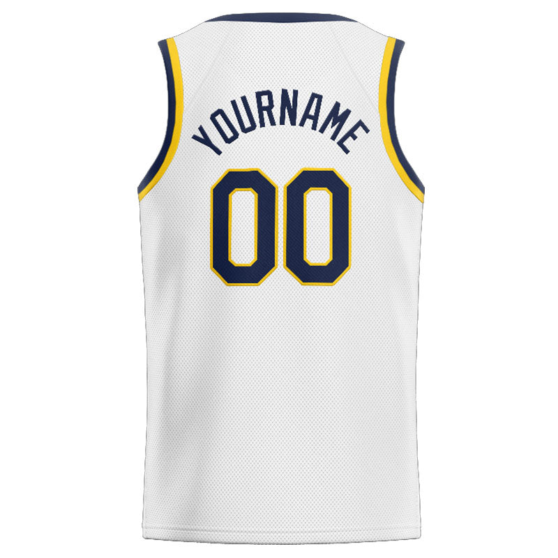 Benutzerdefinierte Authentisch  Basketball Trikot Weiß-Marine-Gelb