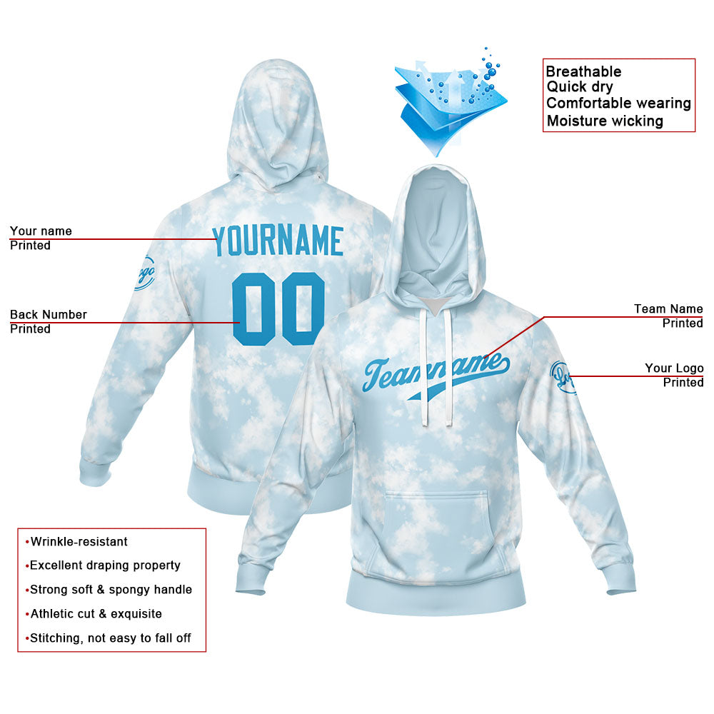 Benutzerdefiniert Gebatikt Sport-Hoodie-Oberteil und Hosen-Set Hellblau-Weiß-Blau