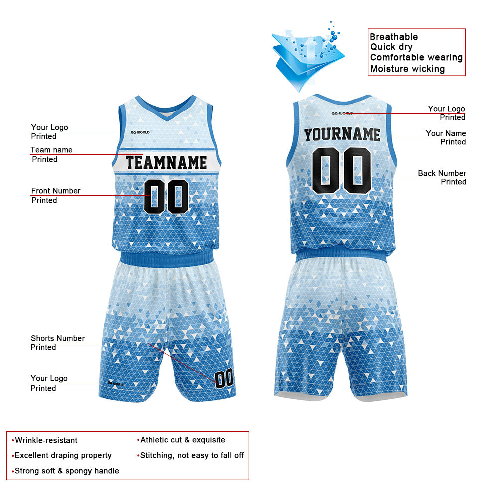 Benutzerdefinierter Dreieckiger Farbverlauf Basketballanzug für Erwachsene und Kinder Personalisiertes Trikot