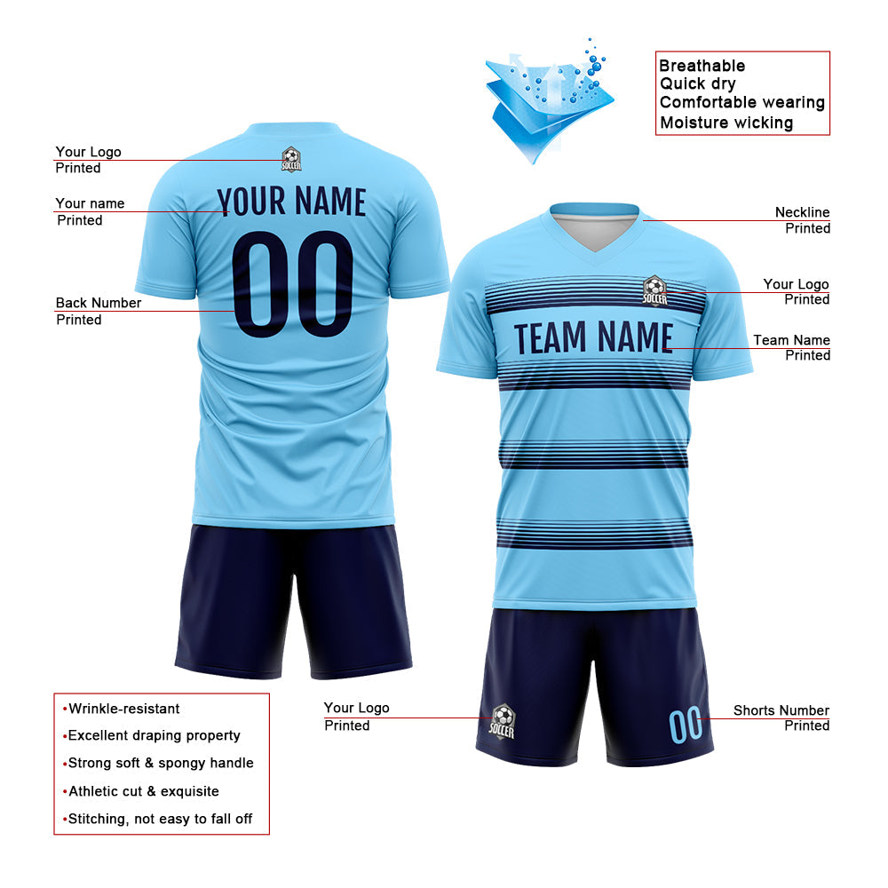 Benutzerdefinierte Fußball Trikots für Männer Frauen Personalisierte Fußball Uniformen für Erwachsene und Kind Hellblau-Marine