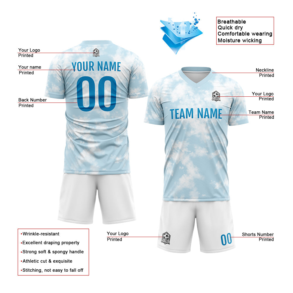 Benutzerdefinierte Fußball Trikots für Männer Frauen Personalisierte Fußball Uniformen für Erwachsene und Kind Hellblau-Weiß