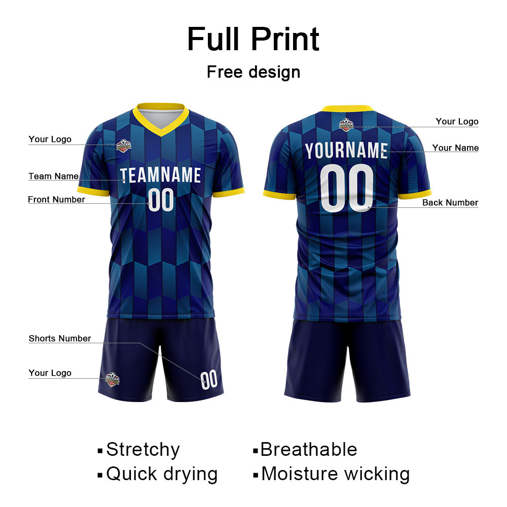 Benutzerdefinierte Fußball Trikots für Männer Frauen Personalisierte Fußball Uniformen für Erwachsene und Kind Marine-Gelb