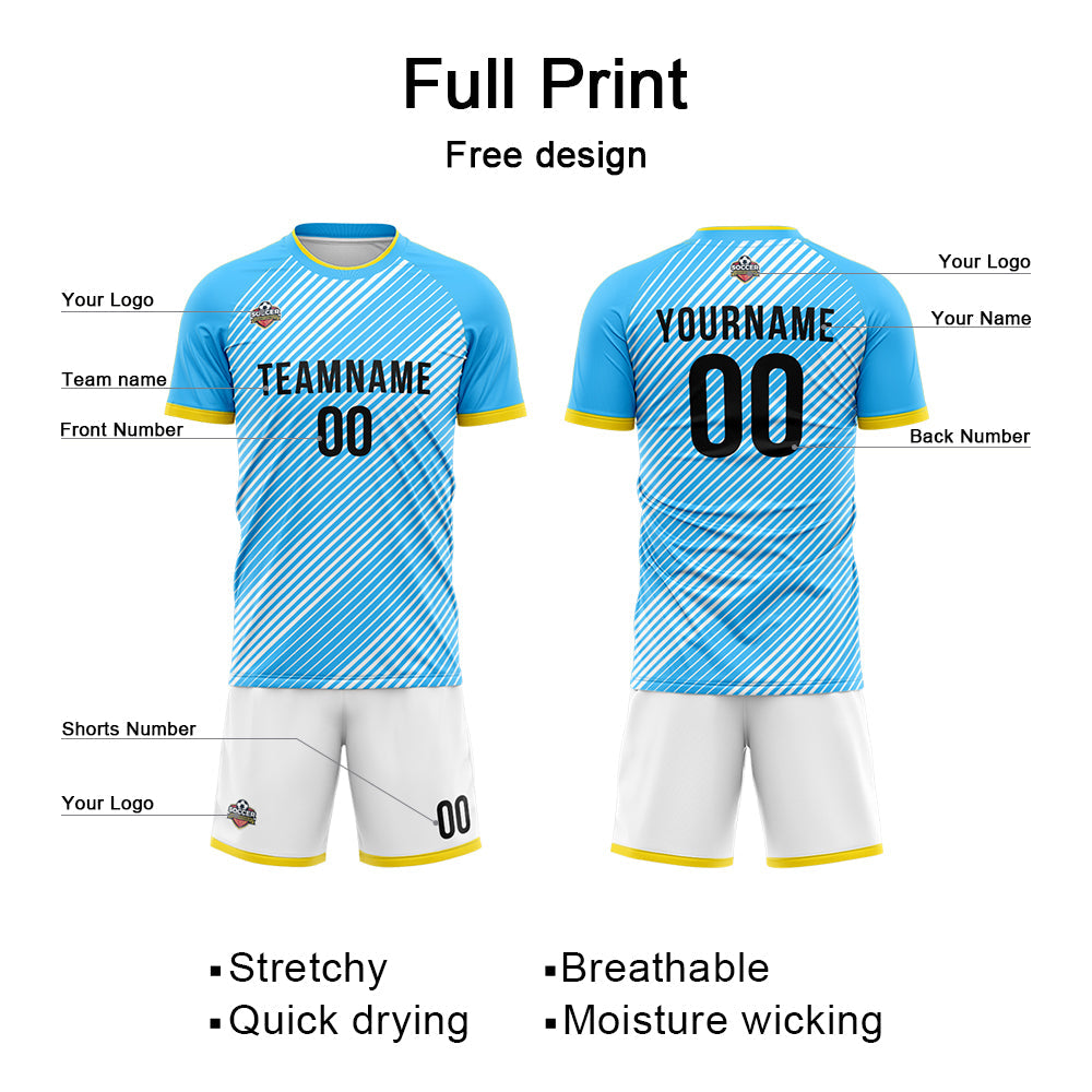 Benutzerdefinierte Fußball Trikots für Männer Frauen Personalisierte Fußball Uniformen für Erwachsene und Kind Licht Blau-Weiß