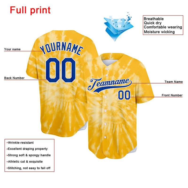 Benutzerdefiniert Vollständiger Druck Design Gelb Gebatikt Authentisch Baseball Jersey