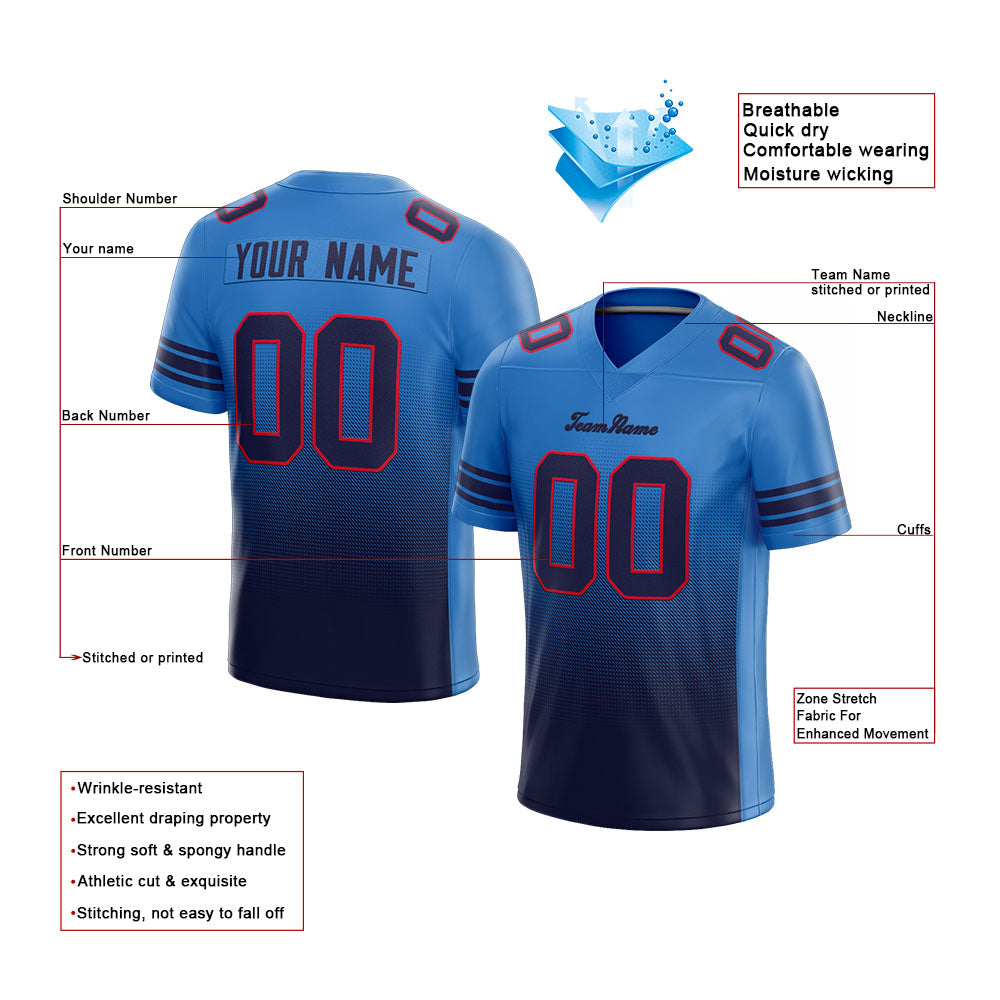 Benutzerdefinierte Authentisch Farbverlauf Mode Fußballleibchen Hellblau-marine