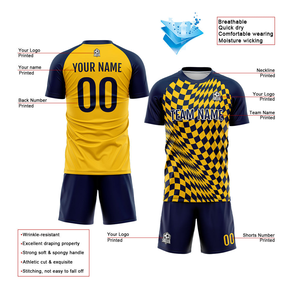Benutzerdefinierte Fußball Trikots für Männer Frauen Personalisierte Fußball Uniformen für Erwachsene und Kind Gelb-Marine