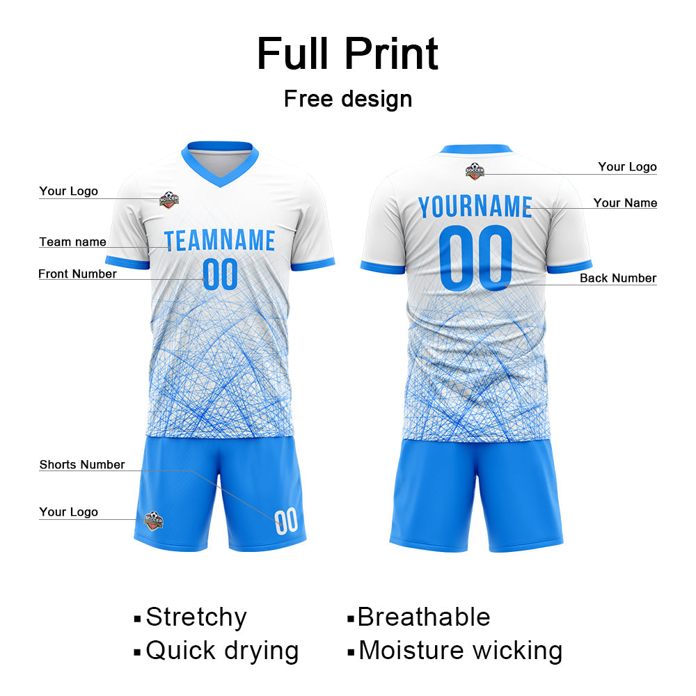 Benutzerdefinierte Fußball Trikots für Männer Frauen Personalisierte Fußball Uniformen für Erwachsene und Kind Weiß-Blau