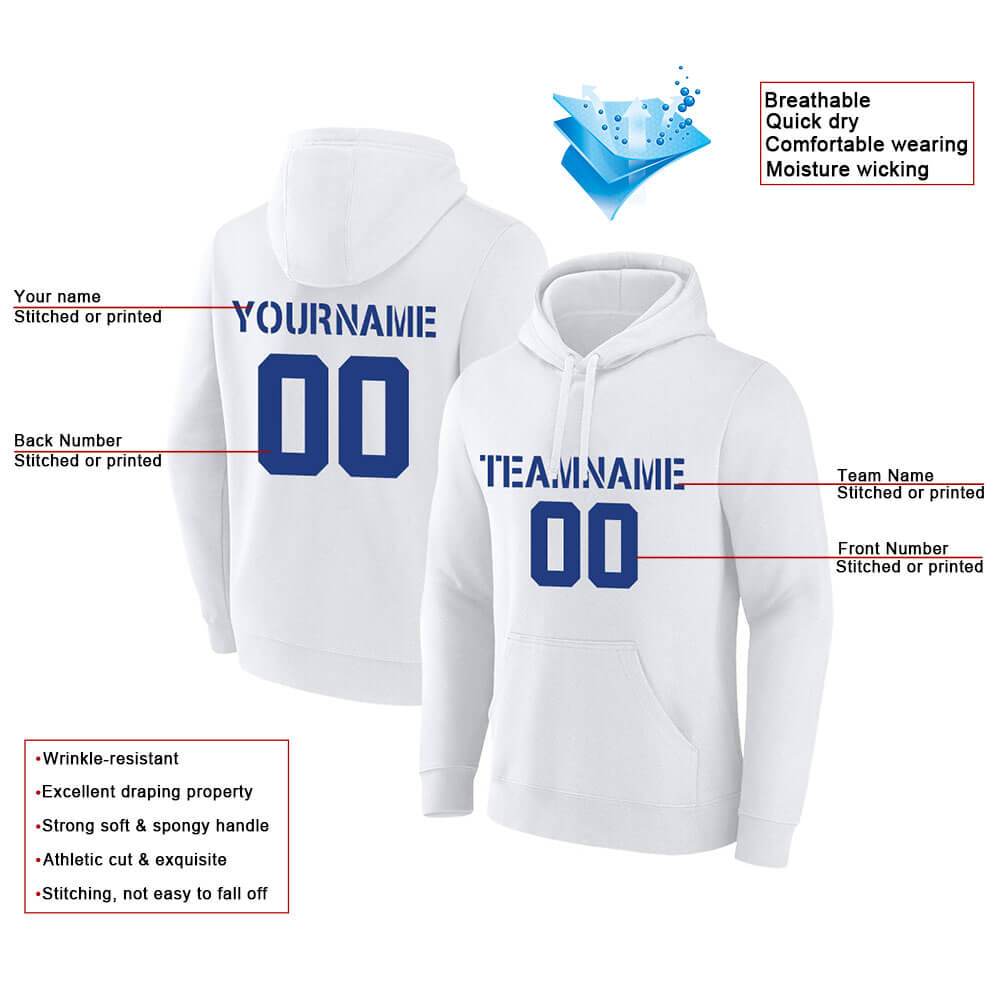 Benutzerdefinierte Authentisch Sweatshirt-Kapuzenpulli Weiß-Royal