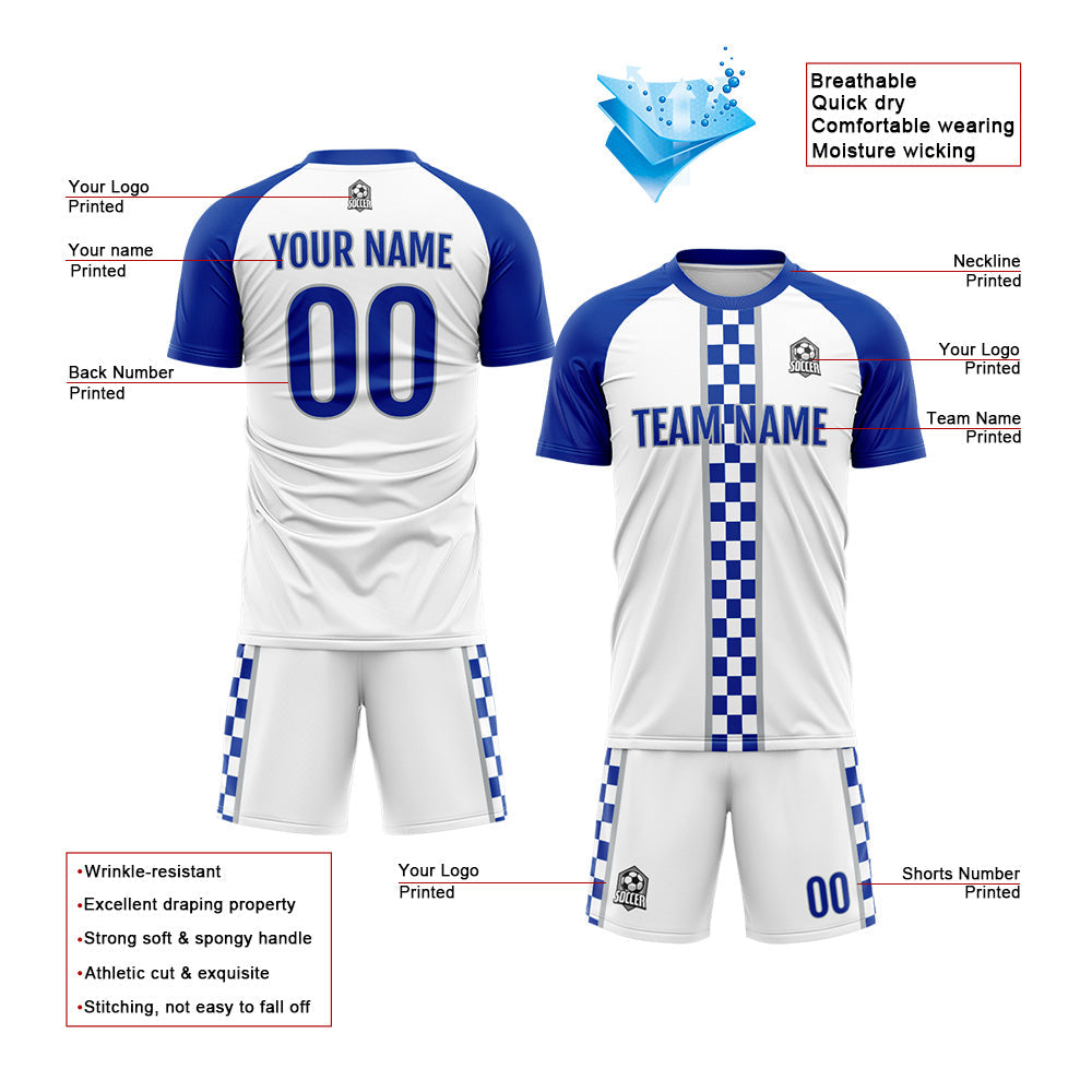 Benutzerdefinierte Fußball Trikots für Männer Frauen Personalisierte Fußball Uniformen für Erwachsene und Kind Royal-Weiß