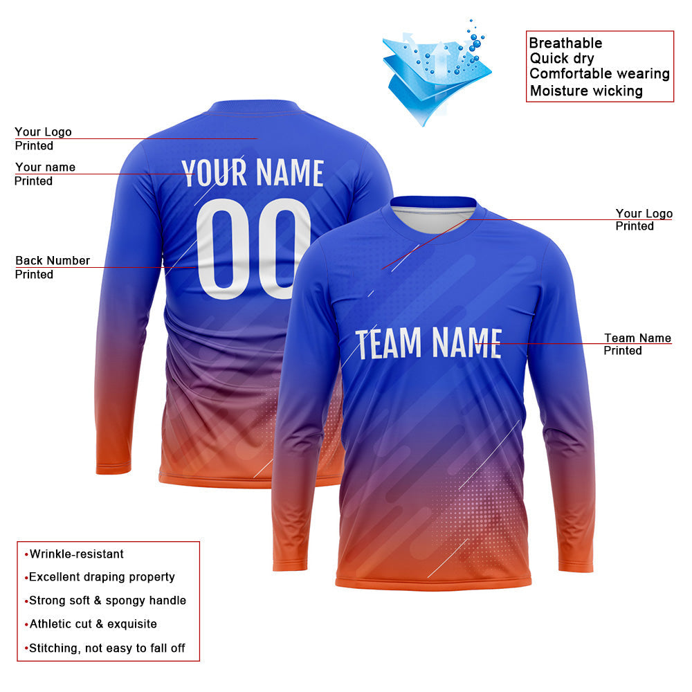 Kundenspezifisches Basketball Fußball Fußball Schießen langes T-Shirt für Erwachsene und Kinder Blau-Orange