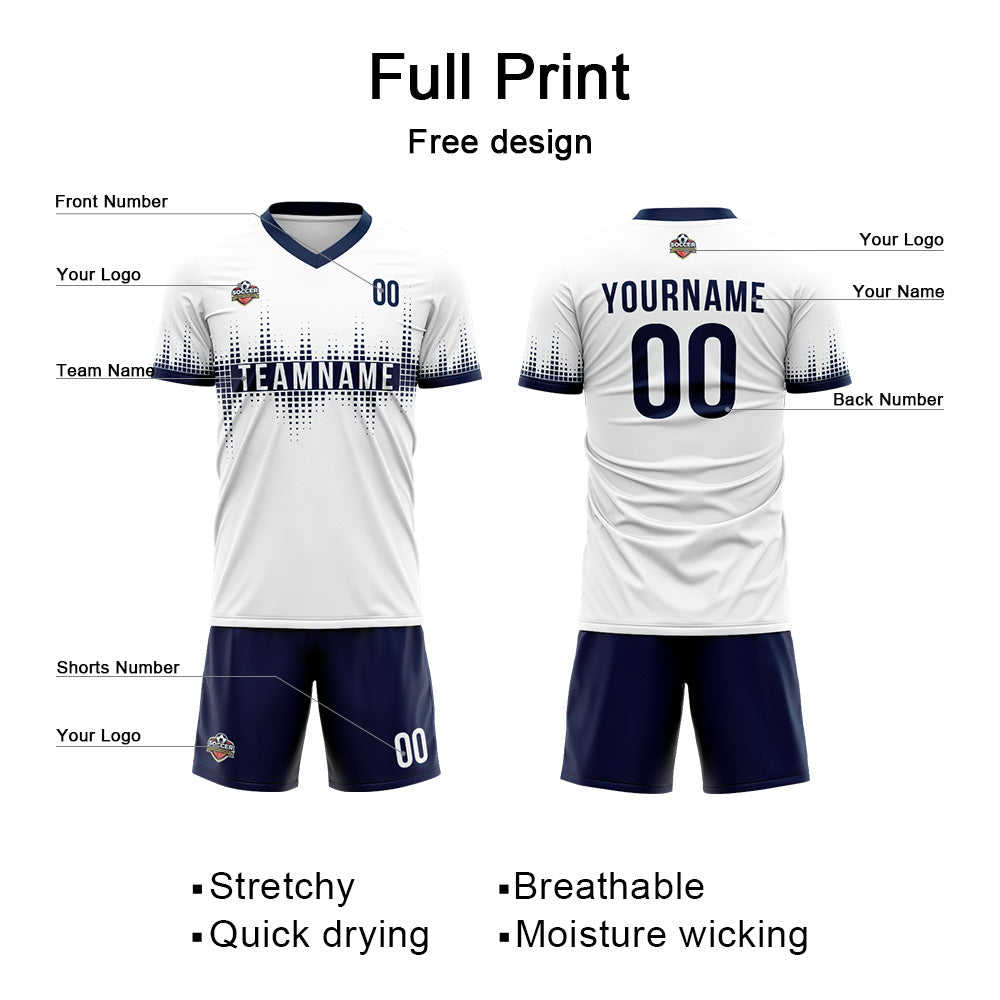 Benutzerdefinierte Fußball Trikots für Männer Frauen Personalisierte Fußball Uniformen für Erwachsene und Kind Weiß-Marine