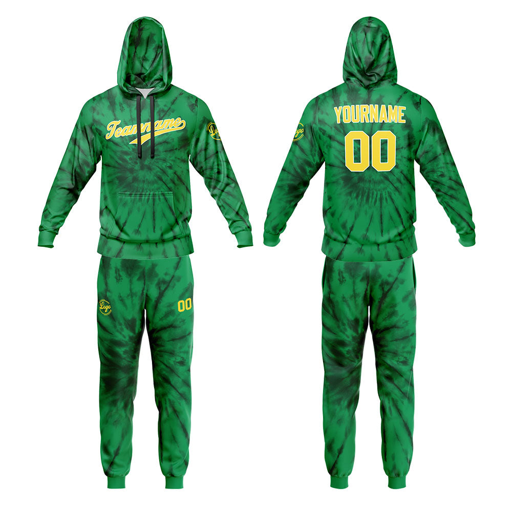 Benutzerdefiniert Krawattenfärben Sport-Hoodie-Oberteil und Hosen-Set Grün