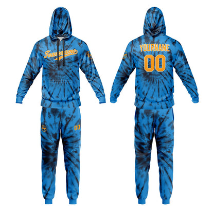 Benutzerdefiniert Krawattenfärben Sport-Hoodie-Oberteil und Hosen-Set Blau