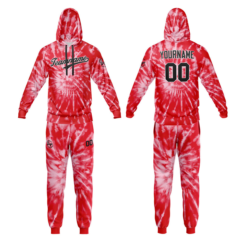 Benutzerdefiniert Krawattenfärben Sport-Hoodie-Oberteil und Hosen-Set Rot