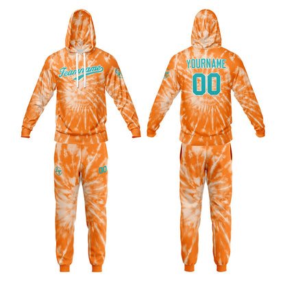 Benutzerdefiniert Krawattenfärben Sport-Hoodie-Oberteil und Hosen-Set Orange