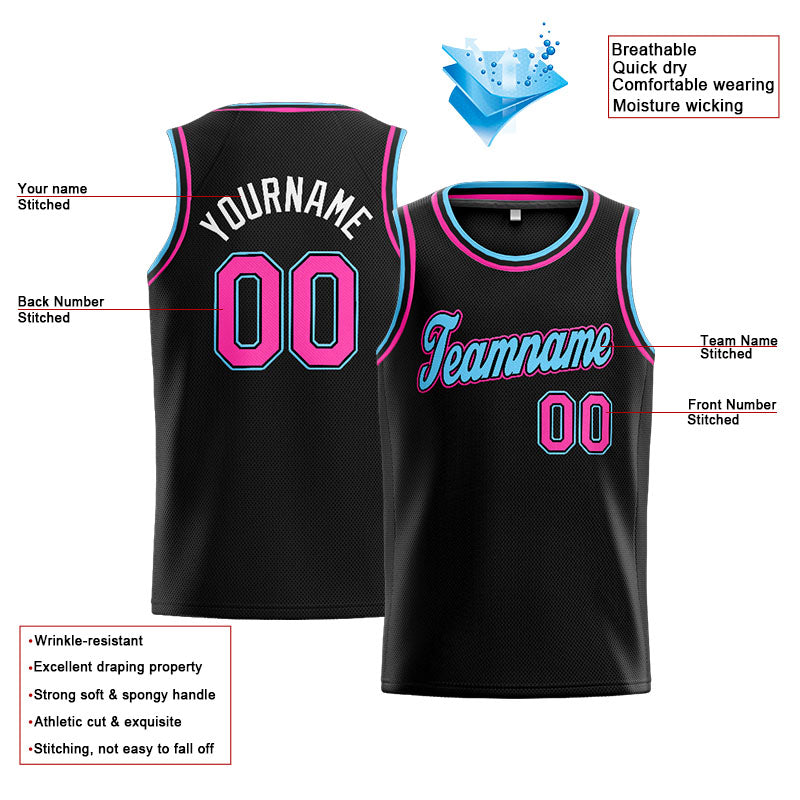 Benutzerdefinierte Authentisch  Basketball Trikot Schwarz-Rosa-Hellblau