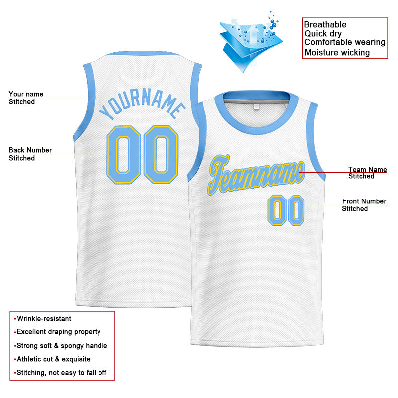 Benutzerdefinierte Authentisch  Basketball Trikot Weiß-Hellblau-Gelb