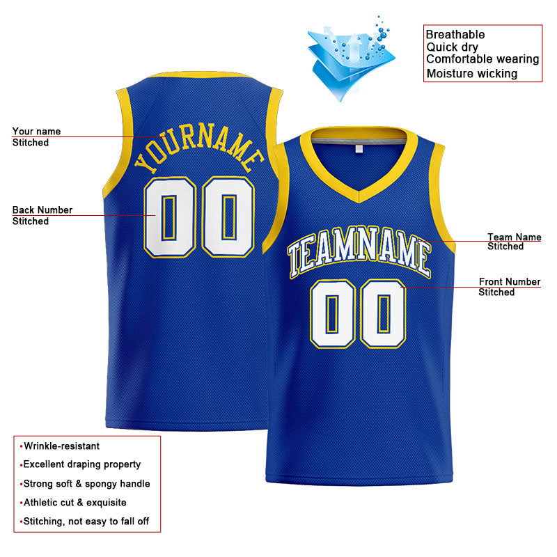 Benutzerdefinierte Authentisch  Basketball Trikot Königlich- Weiß- Gelb