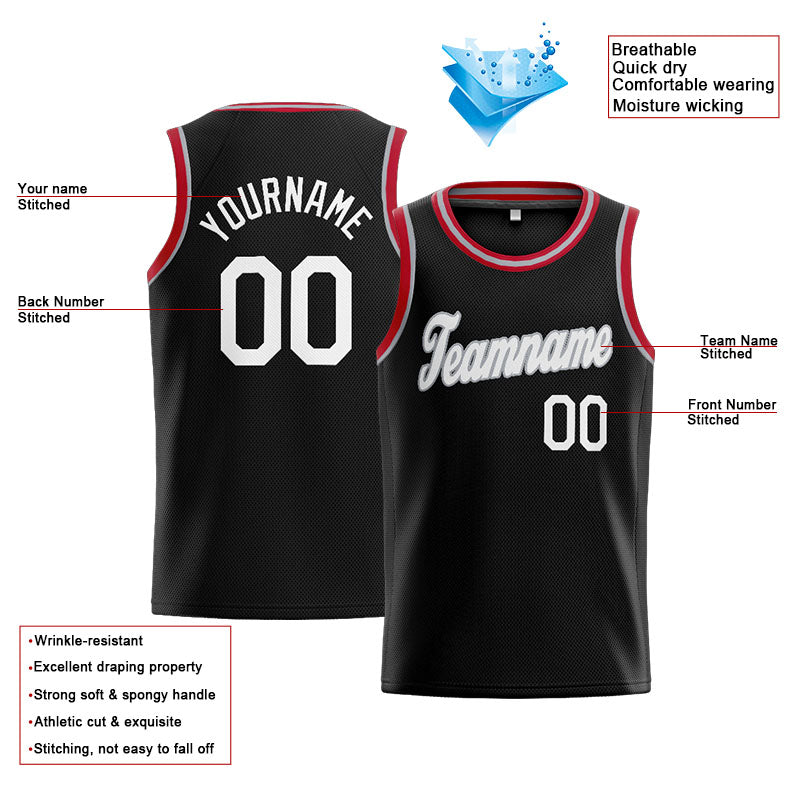 Benutzerdefinierte Authentisch  Basketball Trikot Schwarz-Weiß-Grau-Rot