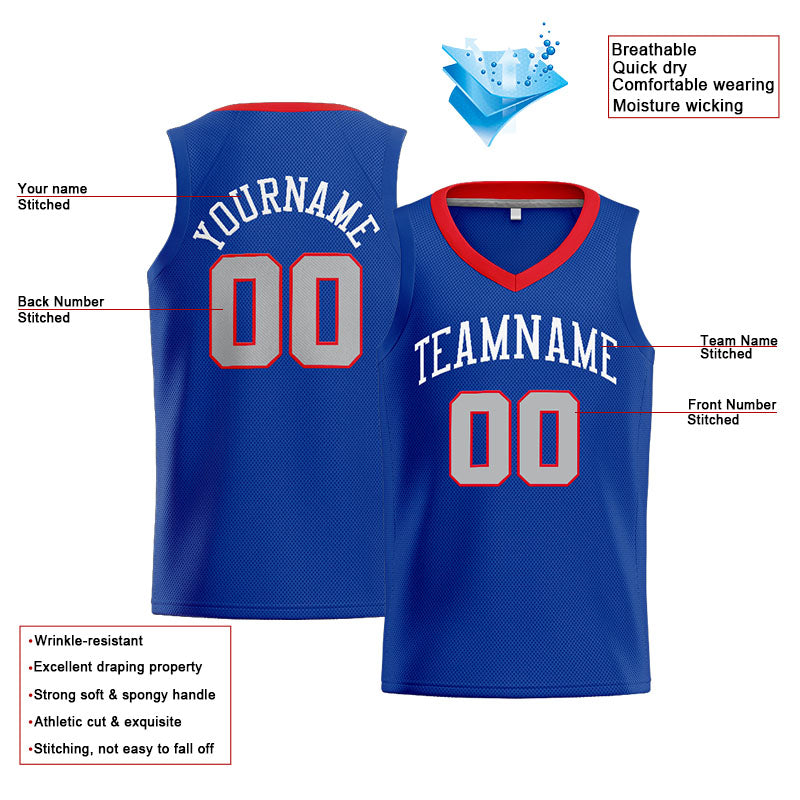 Benutzerdefinierte Authentisch  Basketball Trikot Königlich- Grau-Rot-Weiß