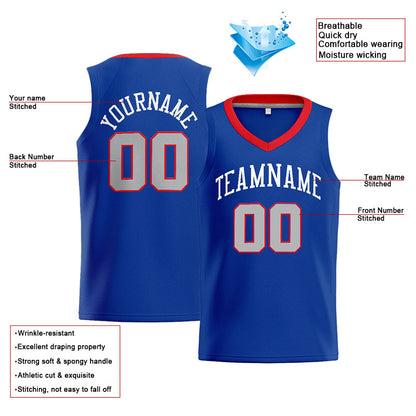Benutzerdefinierte Authentisch  Basketball Trikot Königlich- Grau-Rot-Weiß