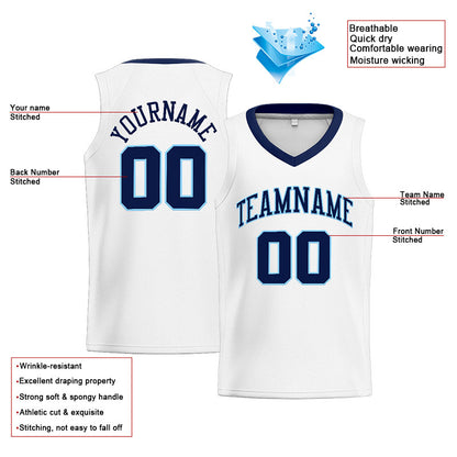 Benutzerdefinierte Authentisch  Basketball Trikot Weiß-Marine-Hellblau