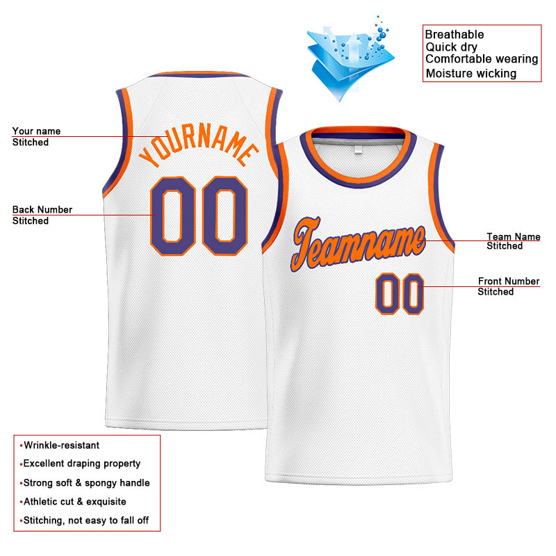 Benutzerdefinierte Authentisch  Basketball Trikot Weiß-Orange-Lila