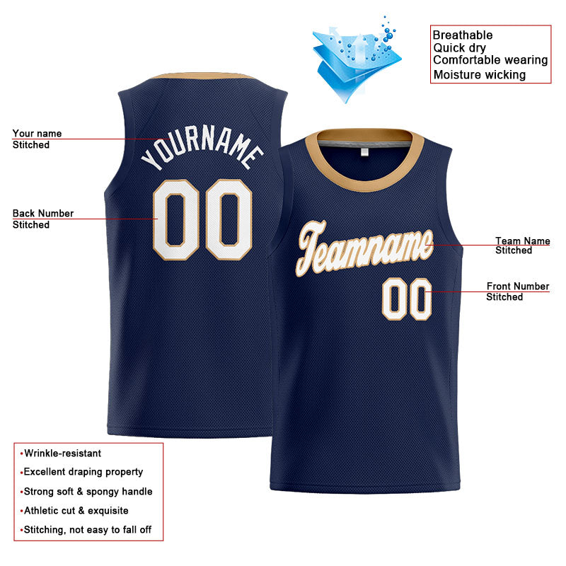 Benutzerdefinierte Authentisch  Basketball Trikot Marine-Gold-Weiß