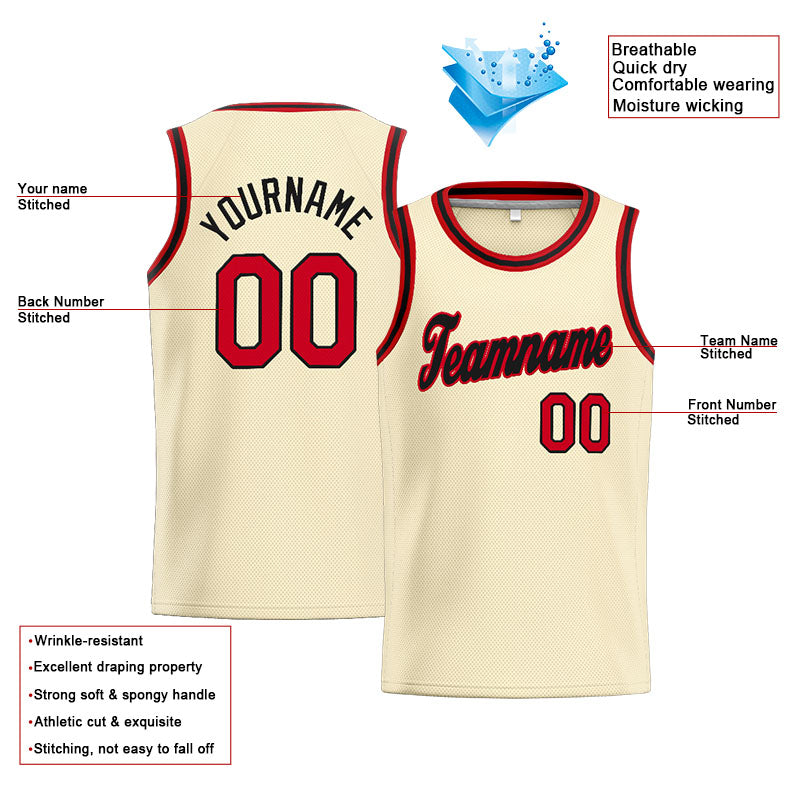 Benutzerdefinierte Authentisch  Basketball Trikot Creme-Rot-Schwarz