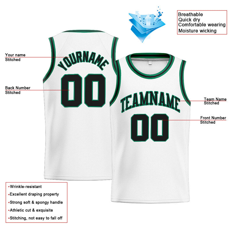 Benutzerdefinierte Authentisch  Basketball Trikot Weiß- Kelly Grün-Schwarz