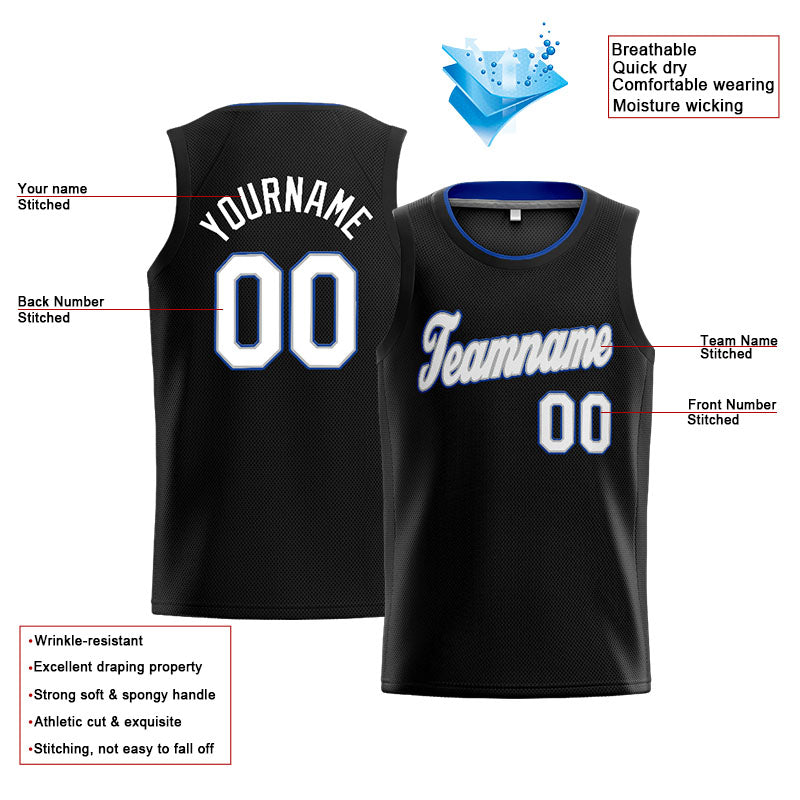 Benutzerdefinierte Authentisch  Basketball Trikot Schwarz-Weiß-Grau- königlich