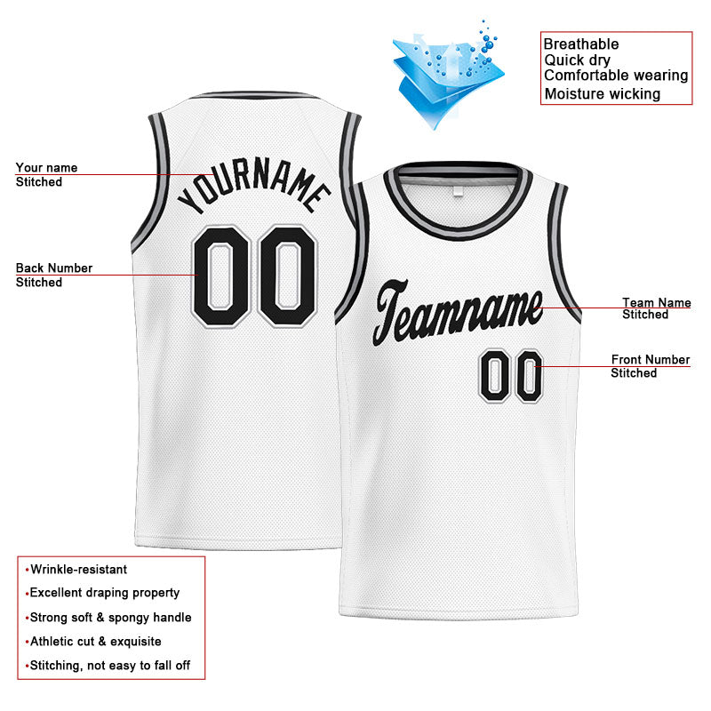 Benutzerdefinierte Authentisch  Basketball Trikot Weiß-Schwarz-Grau