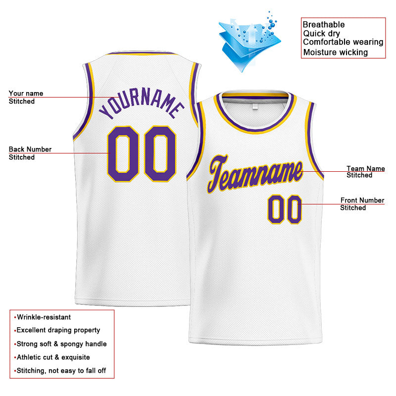 Benutzerdefinierte Authentisch  Basketball Trikot Weiß-Gelb-Lila
