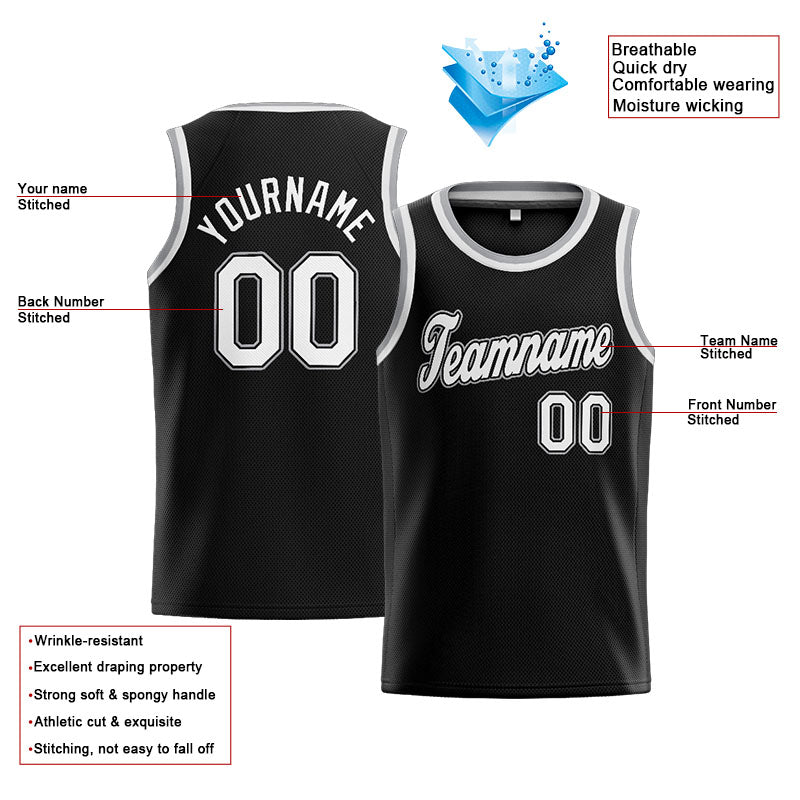 Benutzerdefinierte Authentisch  Basketball Trikot Schwarz-Weiß-Grau
