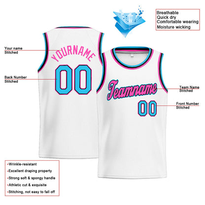 Benutzerdefinierte Authentisch  Basketball Trikot Weiß-Rosa-Hellblau