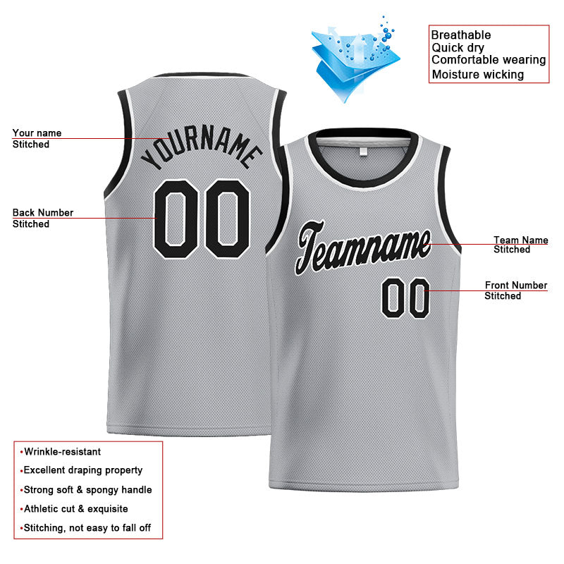 Benutzerdefinierte Authentisch  Basketball Trikot Grau-Schwarz-Weiß