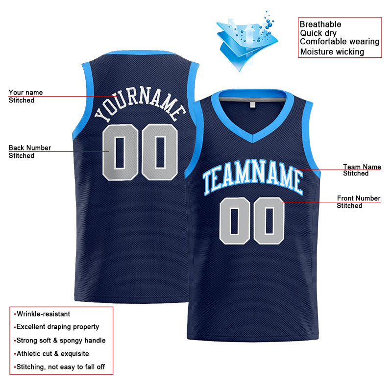 Benutzerdefinierte Authentisch  Basketball Trikot Marine-Weiß-Grau-Hellblau