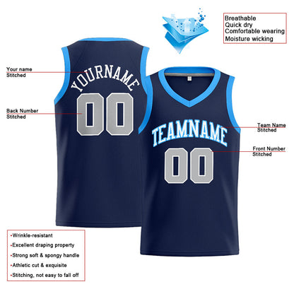 Benutzerdefinierte Authentisch  Basketball Trikot Marine-Weiß-Grau-Hellblau